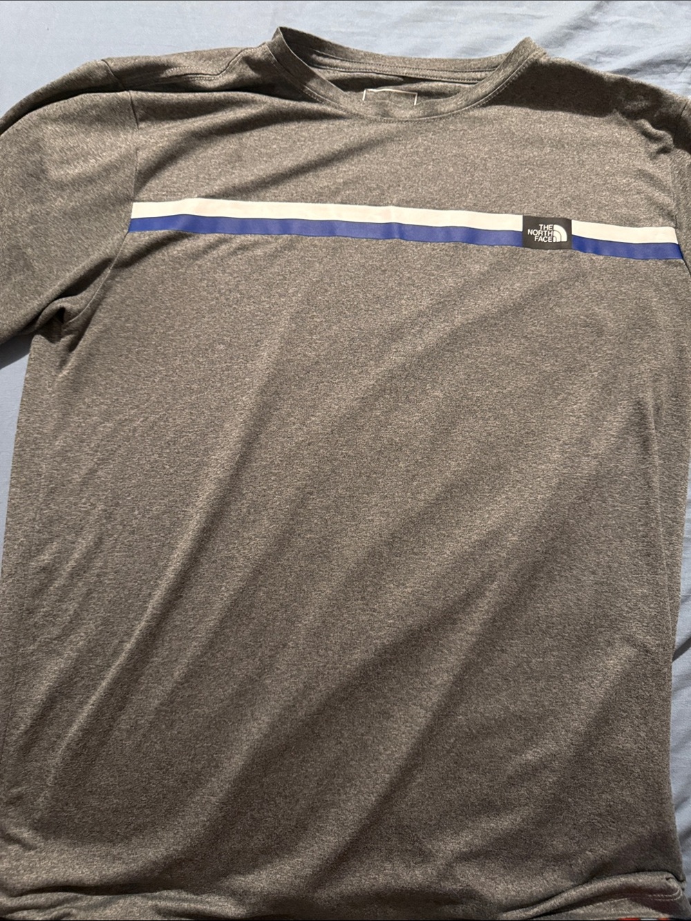 The North Face Men’s Gray Short-Sleeve Crew with White and Blue Chest Stripe